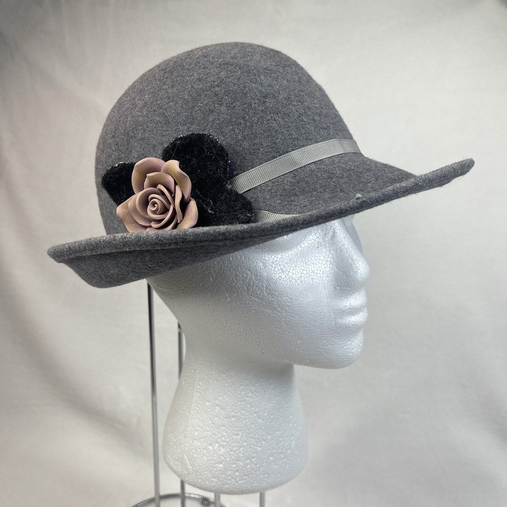 Vintage Tally Ho Women's Wool Fedora Hat Grey Flower Poland